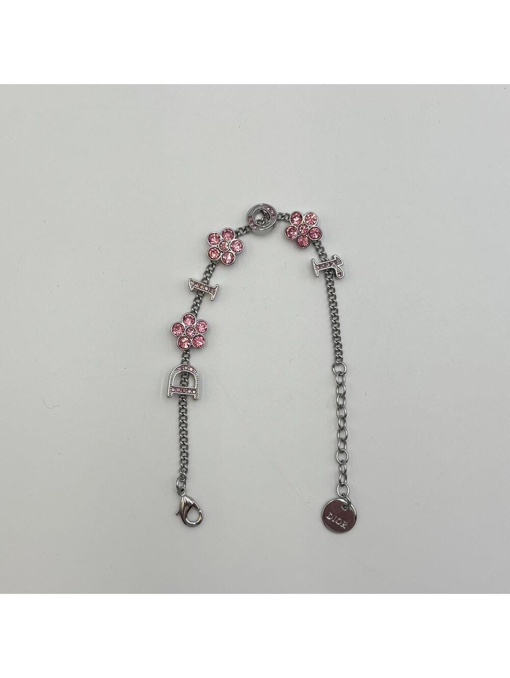 Dior Pink Crystal Floral Logo Charm Chain Bracelet - Picture 4 of 4